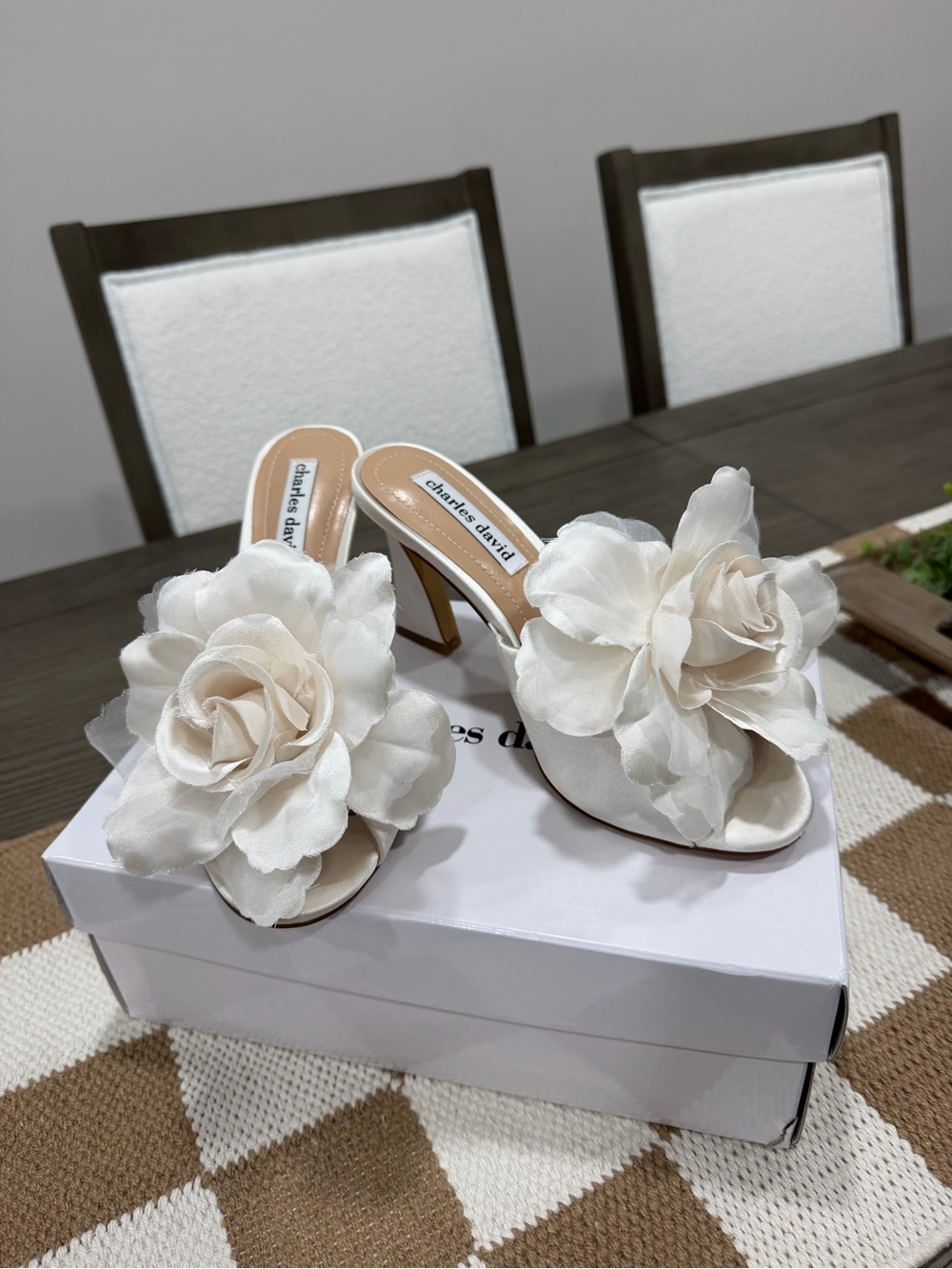 Charles David Cream Floral Slide Heels with Oversized Flower